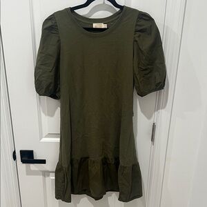 Nation Olive Puff Sleeve Midi Dress Size Large